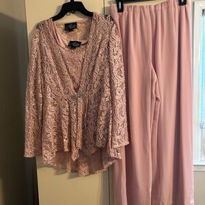 Alex Evenings Pink Lace Top and Wide Leg Pants Set